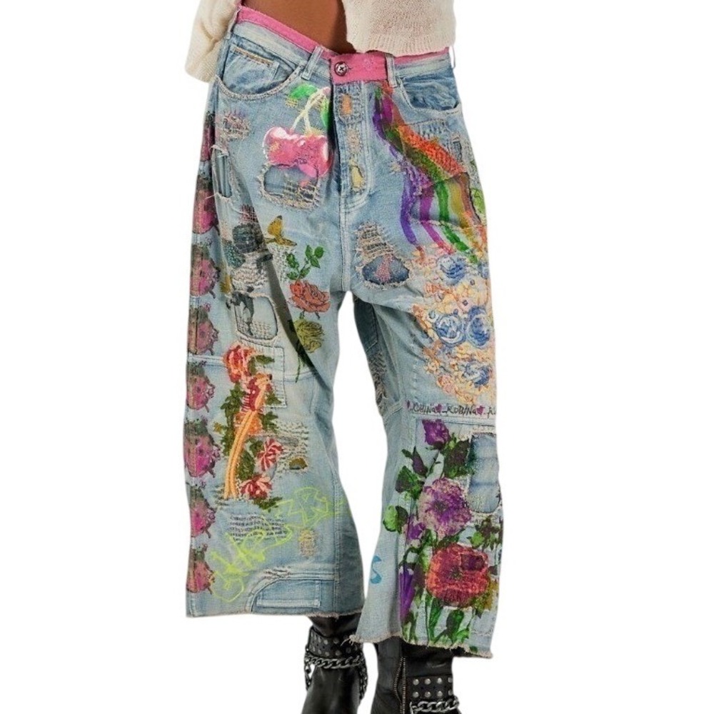 Magnolia Pearl Peonies Cropped Denim Jeans Embroidered Patchwork NEW